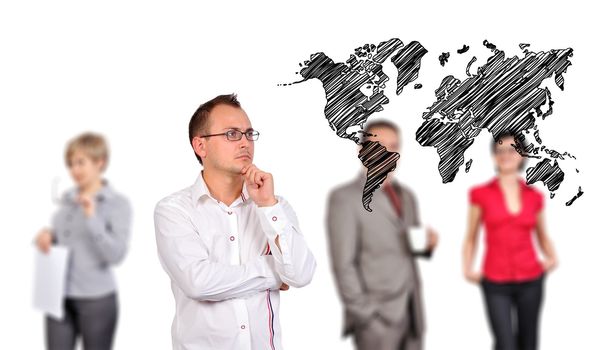 businessman looking to drawing world map and people on background