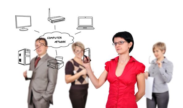 businesswoman drawing computer network and people on background