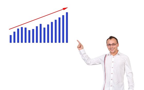 pensive businessman points to chart of profit