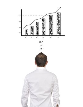 pensive businessman dreaming at chart of profit