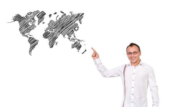 businessman pointing at world map