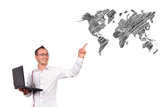 businessman with laptop pointing at world map