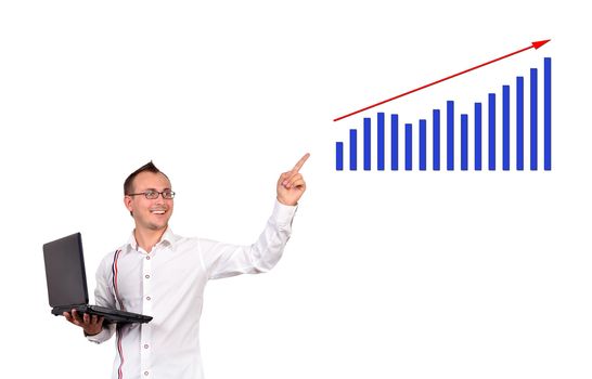 businessman with notebook point to growth chart