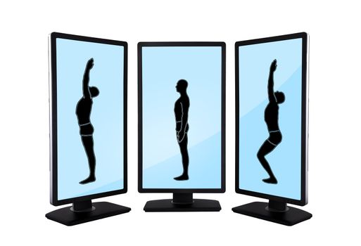 monitor with yoga position  on white background