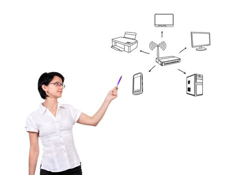 businesswoman and scheme wi-fi on a white background