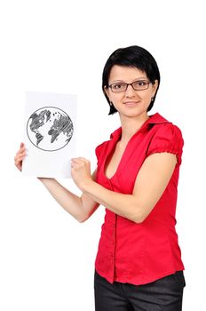 businesswoman and poster with drawing world map