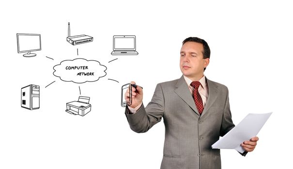 businessman drawing computer network on white background