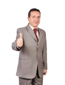 man shows agreement on white background