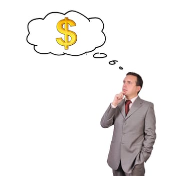 businessman thinking about money on white background