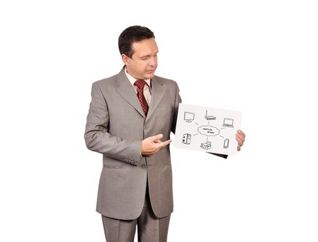 businessman holding placard with computer network