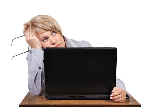 businesswoman with problems before computer in office