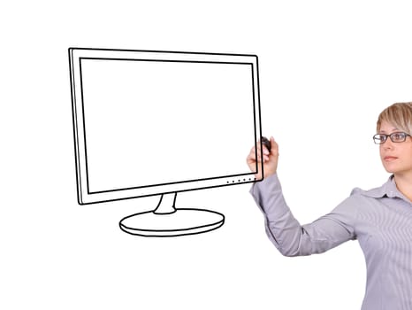 woman drawing monitor on a white background