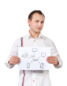 man holding placard with computer network