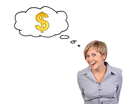 businesswoman thinking about money on white background