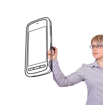 businesswoman drawing mobile phone on a white background