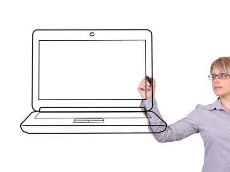 woman drawing laptop on a white background