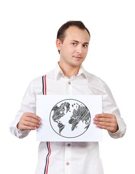 businesswoman holding poster with drawing earth