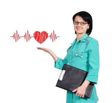 smiling young female doctor and heart with pulse