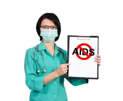 female doctor  holds clipboard with no aids sign