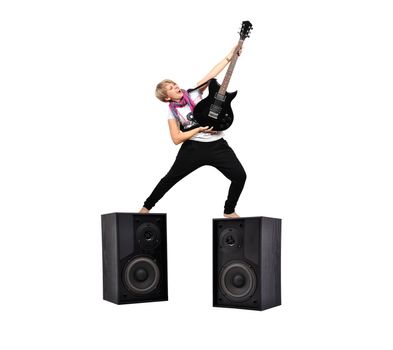 girl with guitar and speakers on white background