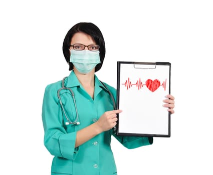 female nurse with clipboard on white background