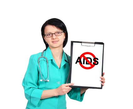 female doctor and clipboard and no aids sign