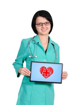 young female doctor with heart symbol on tablet