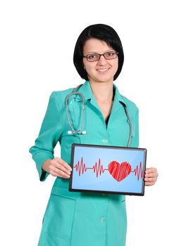 young female doctor with heartbeat on touchpad