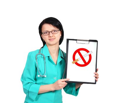 doctor and clipboard with no smoking symbol