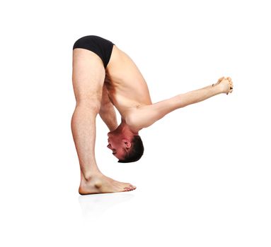 handsome bare-chested man doing yoga