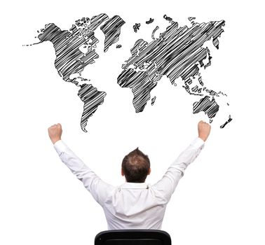 businessman winner and world map on white background