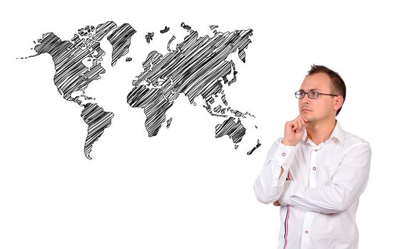 businessman looking to world map on white background