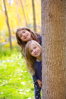 Autumn sister kid girls playing in poplar tree forest near trunk in nature outdoor