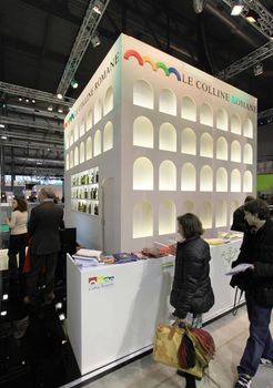 People visit international and regional tourism exhibition areas at BIT, International Tourism Exchange Exhibition in Milan, Italy.