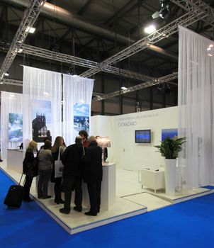 People visit international and regional tourism exhibition areas at BIT, International Tourism Exchange Exhibition in Milan, Italy.