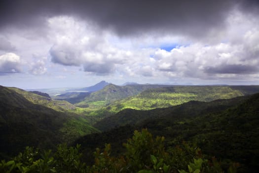Sleeping volcano on a background of the sky. Mauritius