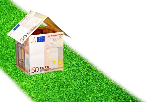 Euro money house on a road from grass