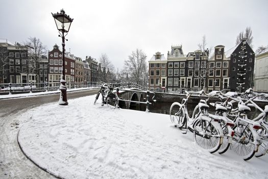 Snowy Amsterdam in winter in the Netherlands