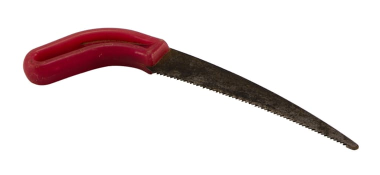 retro rusty crosscut hand saw handsaw tool with plastic red handle isolated on white background