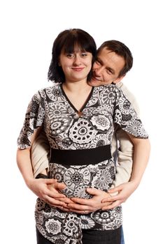 happy family with a pregnant woman on a white background