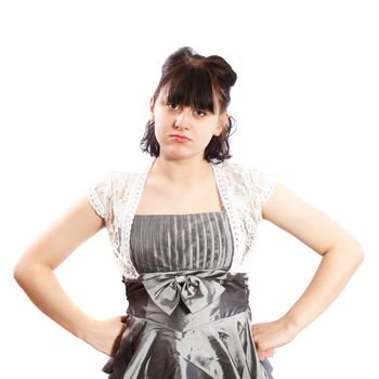 serious pregnant woman  on a white background