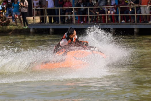 SARABURI THAILAND-JANUARY 20: Boonlue Korbangyang in action during show Freestyle the Jet ski  stunt action  on Jan 20, 2013 in SARABURI,Thailand.