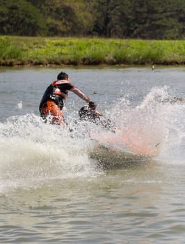 SARABURI THAILAND-JANUARY 20: Boonlue Korbangyang in action during show Freestyle the Jet ski  stunt action  on Jan 20, 2013 in SARABURI,Thailand.