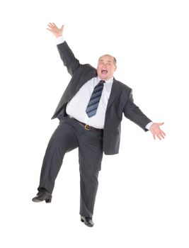 Very overweight cheerful businessman, on white background