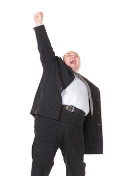 Very overweight cheerful businessman, on white background