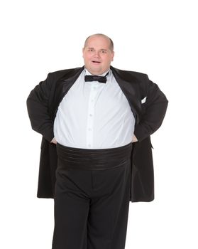 Very overweight cheerful businessman, on white background