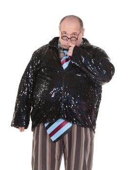 Fun portrait of an obese man with an outrageous fashion sense wearing a mixture of stripes, checks and spangles topped by an oversized flamboyant tie, on white