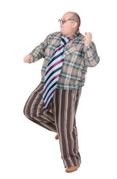 Fun portrait of an obese man with an outrageous fashion sense with oversized flamboyant tie, on white