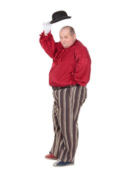 Very fat man in a red entertainer's costume and bowler hat, isolated on white