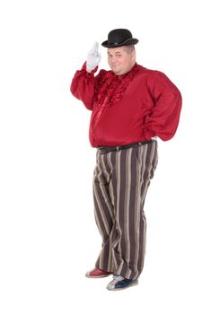 Very fat man in a red entertainer's costume and bowler hat, isolated on white